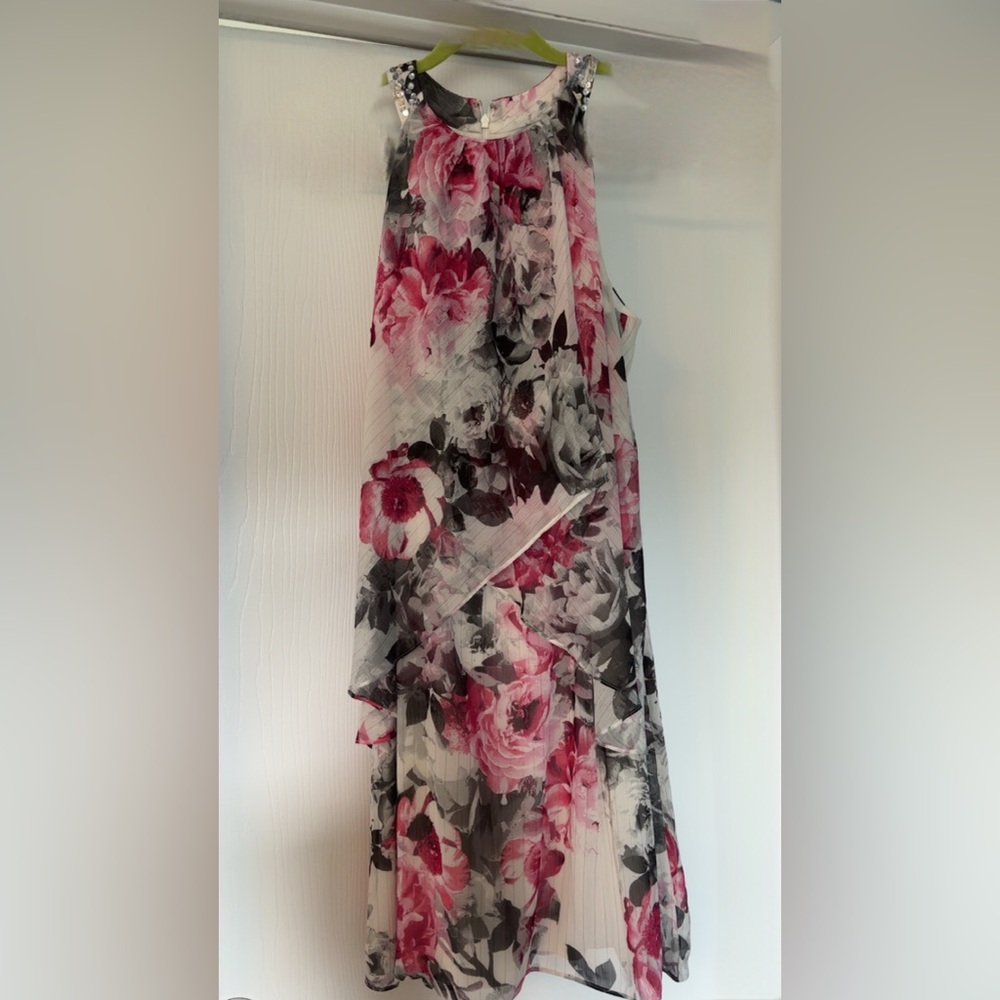 SLNY Asymmetrical Floral Dress in Pink and Black